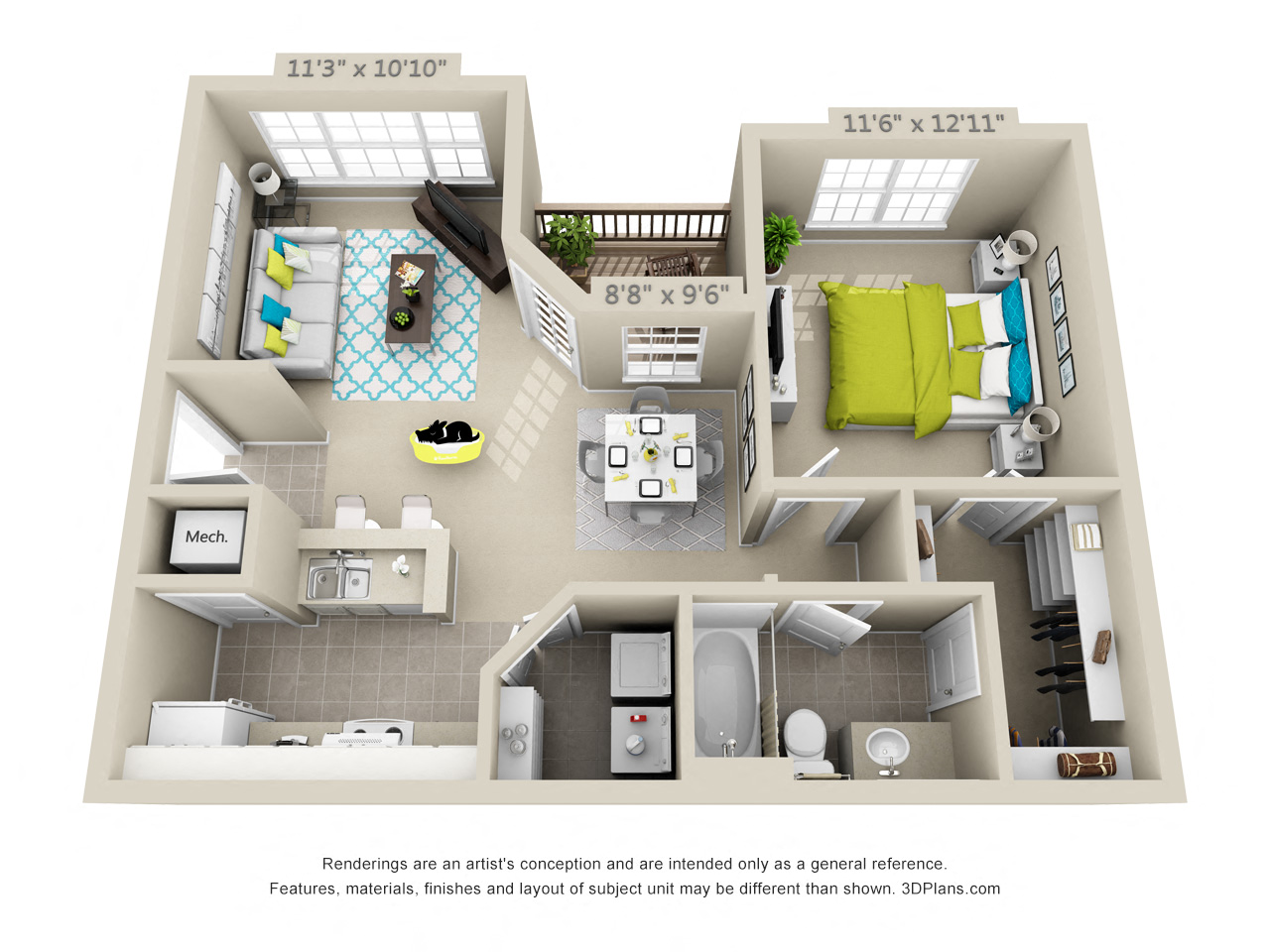 Floor plan for 1 bed, 1 bath, 816 sqft